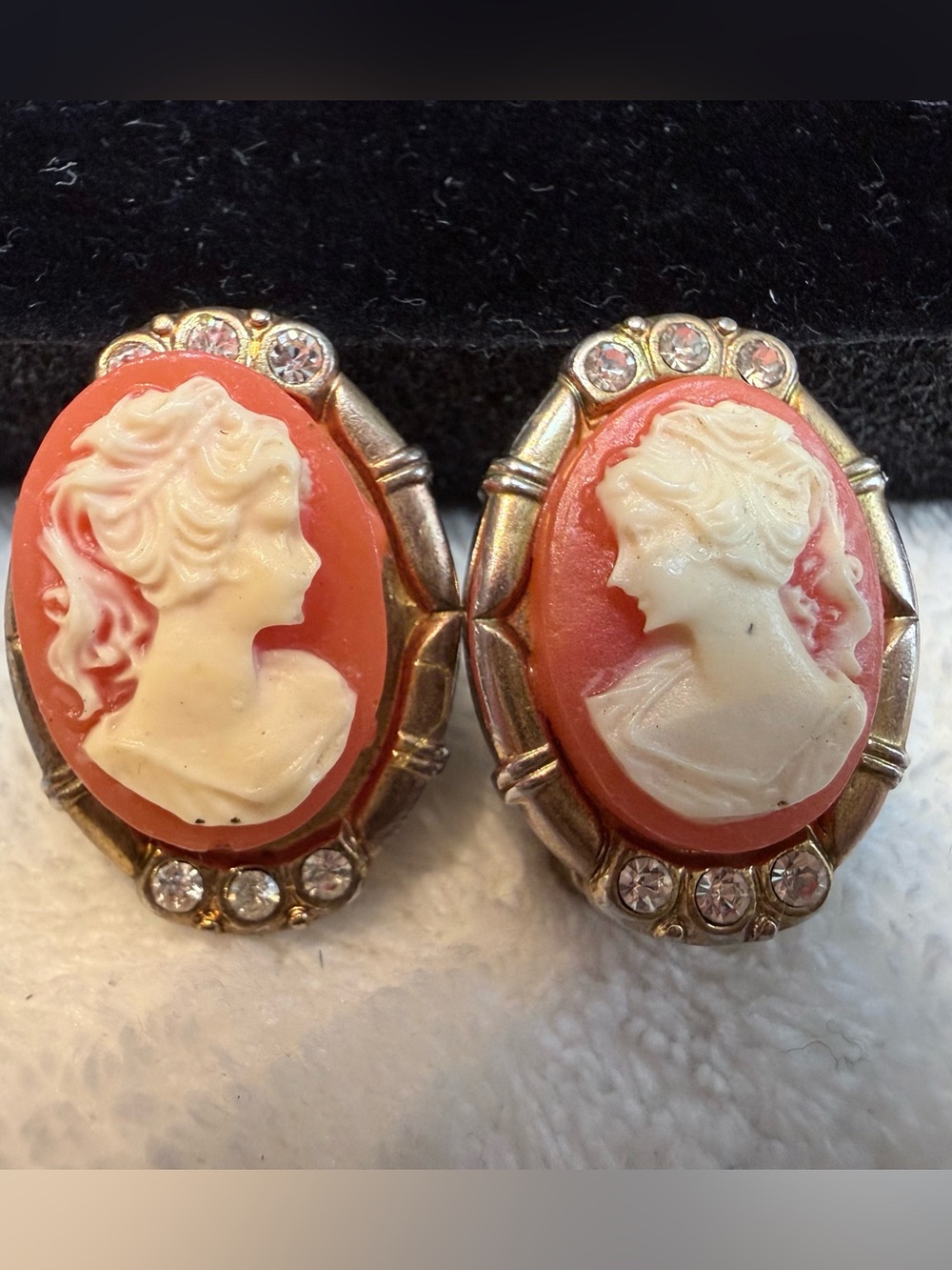 Coral and Cream Cameo Clip-On Earrings with Rhinestone Trim